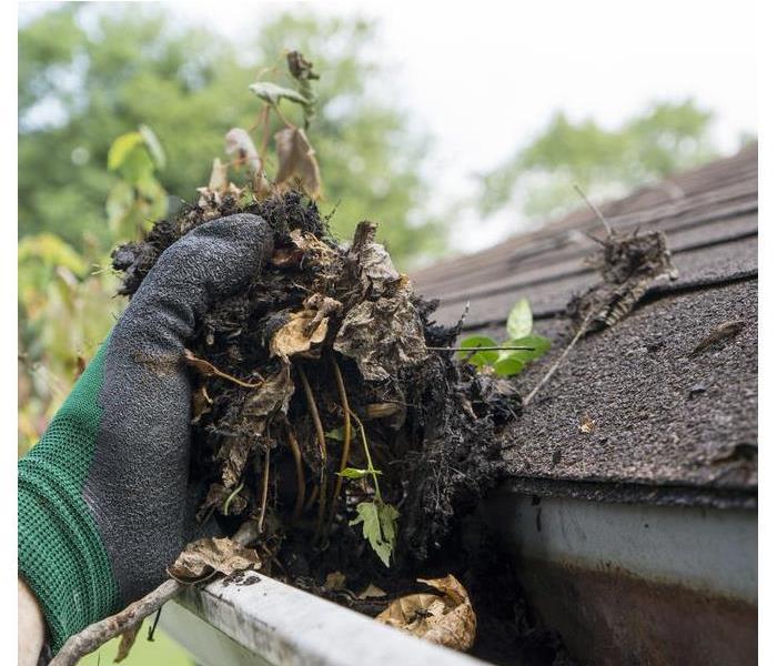 Hand with a glove cleaning a clogged gutter